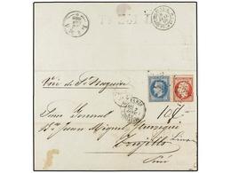 4566 PERU. 1868 (7 Enero). PARIS A TRUJILLO (Perú). <B>20 Cts.</B> Azul Y <B>80 Cts.</B> Rosa Circulada Por El Correo Fr - Sonstige & Ohne Zuordnung