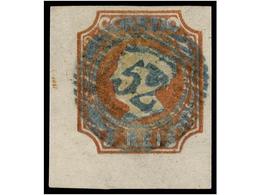 4699 ° PORTUGAL. Af.1. 1853. <B>5 Reis</B> Castaño. Mat. Parrilla <B>CON CIFRA 52</B> De PORTO En Azul. EXTRAORDINARIO E - Other & Unclassified