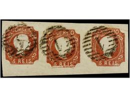 4714 ° PORTUGAL. Af.10 (3). 1856. <B>5 Reis</B> Castaño Rojo, Tipo II, Tira De Tres, Mat. Numeral <B>'1'</B> De Lisboa,  - Other & Unclassified