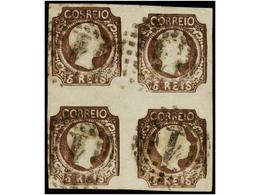 4715 ° PORTUGAL. Af.10 (4). 1856. <B>5 Reis</B>,  Bloque De Cuatro, Mat. Numeral<B> '1'</B> De Lisboa. Muy Bonito. Cert. - Other & Unclassified