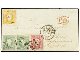 4805 PORTUGAL. 1867. <B>10 R.</B> Yellow, <B>25 R.</B> Rose Red (faults) And <B>50 R.</B> Green (2) On 1869 Cover From P - Other & Unclassified