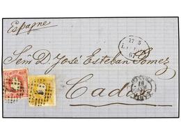 4806 PORTUGAL. 1867. LISBOA A CÁDIZ. <B>10 Reis</B> Amarillo Y <B>25 Reis</B> Rosa Para Completar La Tarifa De 35 Reis A - Other & Unclassified