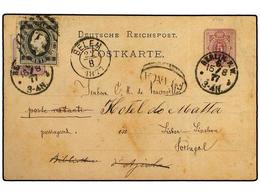 4834 PORTUGAL. 1877. <B>5 Pf.</B> Mauve Stationery Card Used To LISBON And Up-rated With 1875 <B>5 Pf.</B> Adhesive Tied - Other & Unclassified