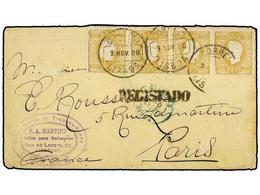 4841 PORTUGAL. Af.39 (4). 1880. LISBOA A PARÍS. <B>20 Reis</B> Bistre Tira De Cuatro. Marca Lineal <B>REGISTRADO. </B>RA - Other & Unclassified