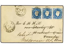 4910 ANGOLA. 1889 (May 11). Cover To MONTREAL (Canada) Franked By Cameo 1886 <B>50r.</B> Blue Strip Of Three, Small Faul - Sonstige & Ohne Zuordnung