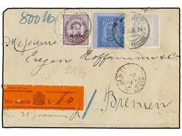 4938 PORTUGAL: AZORES. Sc.4, 11. 1894 (June). Large Part Value Declared Cover To <B>BREMEN</B> (part Of Reverse And Side - Otros & Sin Clasificación