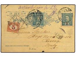 4968 INDIA PORTUGUESA. 1902. <B>3 R.</B> Blue Stationery Card Up-rated For Use To ITALY With 1902 <B>6 R.</B> Green Tied - Other & Unclassified