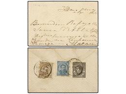 4978 MACAO. 1882. LISBOA A MACAO. <B>5 Reis</B> Negro, <B>25 Reis</B> Bistre Y <B>50 Reis</B> Azul. Muy Bonito Franqueo  - Autres & Non Classés