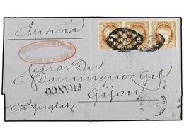 5062 COLONIAS ESPAÑOLAS: PUERTO RICO. Ant.20 (3). 1870. SAN JUAN A GIJÓN (España). <B>20 Cts.</B> Castaño Rojo. Tira De  - Otros & Sin Clasificación