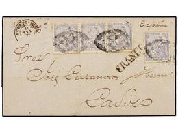 5067 PUERTO RICO. Ant.28(4). 1872. SAN JUAN A CÁDIZ. <B>25 Cts.</B> Azul (4). Mat. <B>PARRILLA COLONIAL</B> Y Marca Line - Otros & Sin Clasificación