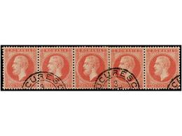 5115 ° RUMANIA. Mi.42 (5). 1872. <B>50 Bani</B> Rose. Strip Of Five (3+2 Joinet). Very Fine. Michel.+250?. - Other & Unclassified