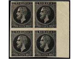 5142 RUMANIA. Mi.54 (4). 1879. <B>50 Bani</B> Black. <B>ESSAY</B>. <B>IMPERFORATE</B> Block Of Four. - Other & Unclassified