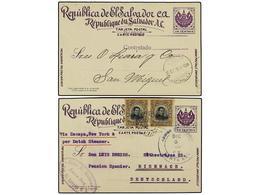 5257 SALVADOR. 1914. Dos Enteros Postales De <B>1 Ctvo.</B> Lila, Uno Con Franqueo Adicional De <B>2 Ctvos.</B> Castaño  - Autres & Non Classés