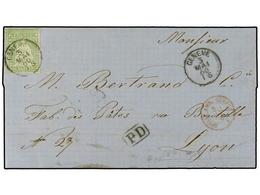 5342 SUIZA. 1860 (May 3). Entire Letter From Geneva To Lyon Franked By Fine 1858-62 <B>40r</B>. Pale Green Tied By <B>Ge - Andere & Zonder Classificatie