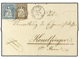 5344 SUIZA. 1858-62. <B>5 Rp.</B> Brown + <B>10 Rp.</B> Dark Blue, Green Silk Threads On Thin Paper, Tied By <B>NEUCHATE - Sonstige & Ohne Zuordnung