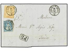 5349 SUIZA. Yv.29,36. 1863. CHATEL ST. DENIS A TURIN (Italia). <B>20 Rp.</B> Naranja Y <B>10 Rp.</B> Azul. Precioso Fran - Sonstige & Ohne Zuordnung