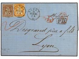 5354 SUIZA. 1865. Entire Letter To LYON Franked By 1862 <B>20 C.</B> Orange And Scarce <B>60 C.</B> Copper Bronze Tied B - Sonstige & Ohne Zuordnung