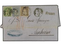5355 SUIZA. 1865 (Aug 24). Entire Letter To Arnhem With Three Colour Franking Of 1862-64 <B>5c</B>. Brown (comtemporaril - Sonstige & Ohne Zuordnung