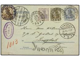 5411 TAILANDIA. 1907. <B>2pf.</B> Grey + <B>3pf.</B> Brown Postal Stationery Card Mailed To BANGKOK And Up-rated With <B - Autres & Non Classés