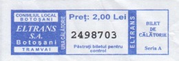 Romania - Botosani - Tramway Tram  Ticket - 1 Trip Ticket - Used, Stamp - Serial Number - Europa