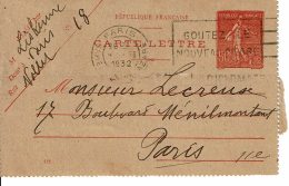 1932 - Carte Lettre De Paris Pour Paris - Tp Semeuse 50ct (n°199) - Date émission 111 - Kartenbriefe
