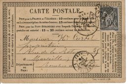 1878 -Carte Postale Précurseur De Marseille Pour Marseille -Tp Sage N°89 -Obl Cachet Départ Type 17bis, Arrivée Type 15 - Vorläufer