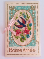 Delcampe - Belle Carte Fantaisie Double Brodée Nouvel An (broderie Oiseau) - Bestickt