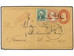 5525 ESTADOS UNIDOS. 1859 (Aug). <B>3c.</B> Red On Orange Postal Stationery Envelope Used To FRANCE, Up-rated With 1851- - Other & Unclassified