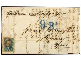 5529 ESTADOS UNIDOS. Sc.33. 1861. NEW YORK A ESPAÑA. <B>10 Cents.</B> Verde. Mat. <B>PARRILLA</B> En Rojo, A La Llegada  - Sonstige & Ohne Zuordnung