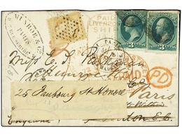 5549 ESTADOS UNIDOS. 1872. U.S.A. To LONDON. <B>3 Cents</B> Green (2) (one Stamp Margin Scissors Cut). Forwarded To PARI - Sonstige & Ohne Zuordnung