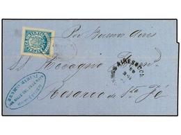 5613 URUGUAY. 1865. Cover To ARGENTINA, With Wide Margined <B>12 C.</B> Blue (Sc 23), Tied By <B>ADMON CORREOS/MONTEVIDE - Sonstige & Ohne Zuordnung