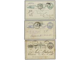 5635 URUGUAY. 1883-84. Tres Enteros Postales De <B>2 Cts.</B> Negro, <B>3 Cts.</B> Verde Y <B>3 Cts.</B> Azul Circulados - Other & Unclassified