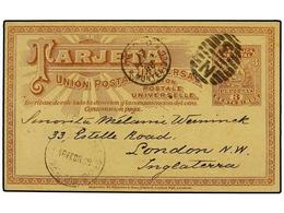 5648 URUGUAY. 1898. MONTEVIDEO A LONDRES. Entero Postal Doble De <B>3 + 3 Ctvos.</B> Castaño. Raro Circulado, Llegada Al - Other & Unclassified