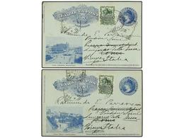 5658 URUGUAY. 1902-1910. Cuatro Enteros Postales De <B>2 Cts.</B> Azul (3) Y Rojo Con Diversas Vistas Circuladas A ITALI - Other & Unclassified