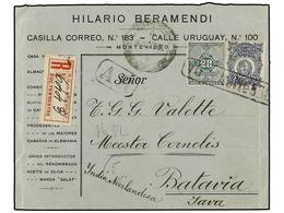 5664 URUGUAY. 1907. MONTEVIDEO A BATAVIA (Indias Holandesas). <B>5 Cts. </B>azul Y <B>20 Cts. </B>verde Carta Certificad - Sonstige & Ohne Zuordnung