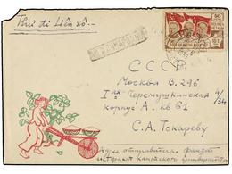5715 VIETNAM DEL NORTE. Mi.10, 13. 1955. HANOI To RUSSIA. Ilustrated Envelope Franked With <B>50 D.</B> And <B>50 D.</B> - Otros & Sin Clasificación