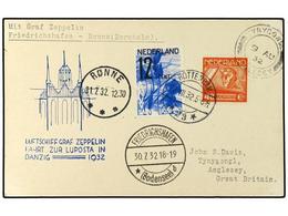 5786 ZEPPELIN. 1932. <B>NETHERLANDS. </B>'Danzig Flight'.  Dutch Acceptance Card To Gt. Britain Franked <B>12½c.</B> Tou - Other & Unclassified