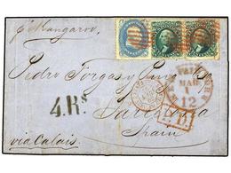 5530 ESTADOS UNIDOS. 1862. NEW YORK To SPAIN. <B>1 Ct.</B> Blue And <B>10 Cent. </B>green (two Stamps, One With Corner F - Sonstige & Ohne Zuordnung