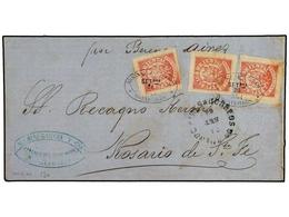 5611 URUGUAY. 1864. MONTEVIDEO A ROSARIO DE STA. FE. <B>6 Cts.</B> Rosa (3). Precioso Y Raro Franqueo. Falta Una De Las  - Sonstige & Ohne Zuordnung