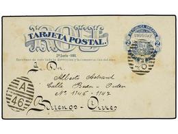 5632 URUGUAY. 1882. MONTEVIDEO A BUENOS AIRES. Entero Postal De <B>2 Ctvos.</B> Azul. - Andere & Zonder Classificatie