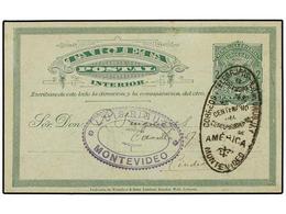 5639 URUGUAY. 1892. MONTEVIDEO. Entero Postal De <B>2 Cts.</B> Verde S. Azul, Mat. Ovalado Del<B> 4º CENT. DEL DESCUBRIM - Other & Unclassified