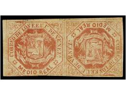 5676 (*) VENEZUELA. Sc.19a. <B>1/2 Real</B> Rosa. Pareja<B> TETE-BECHE</B>, Sin Goma, Leve Doblez Vertical. - Otros & Sin Clasificación