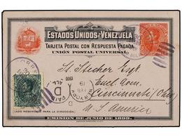 5708 VENEZUELA. 1900. CIUDAD BOLIVAR A USA. Entero Postal Doble <B>10 + 10 Ctvos.</B> Rojo Y Negro Con Franqueo Adiciona - Sonstige & Ohne Zuordnung