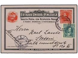 5711 VENEZUELA. 1905. LA GUAYRA A ALEMANIA. Entero Postal Habilitado <B>'1900'</B> Doble <B>10 + 10 Ctvos.</B> Rojo Y Ne - Other & Unclassified