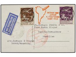 5759 ZEPPELIN. 1932 (30-IV). <B>DINAMARCA.</B> COPENHAGEN A BRASIL. <B>15 Ore </B>lila Y <B>1 Kr.</B> Castaño Circulado  - Other & Unclassified