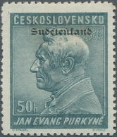 00076 Sudetenland - Konstantinsbad: Gedenkmarke "Jan Evangelista Purkyn?", 50 H Grünlichblau, Mit Aufdruck - Région Des Sudètes