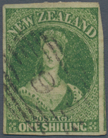 00304 Neuseeland: 1855 'Chalon Head' 1s. Pale Yellow-green, Wmk Large Star, Used And Cancelled By Numeral - Nuevos