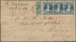 00305 Neuseeland: 1855 BISECTED 1s. Green On Blue Paper Used Along With 1857 2d. Blue Horizontal Strip Of - Neufs