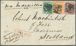 00311 Aden: 1865 Cover From ADEN To Inverness, Scotland Franked With India 1865 4a. Green, 2a. Orange And - Yemen