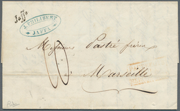 00338 Holyland: 1854, "Jaffa" Black Oneliner Of French Levant Post Office On Folded Envelope With Blue Sen - Palestina